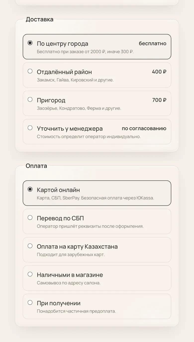 Зоны доставки и способы оплаты: картой, СБП, SberPay, наличными, при получении — на компьютере