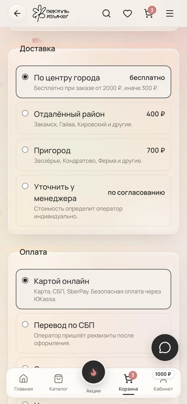 Зоны доставки и способы оплаты: картой, СБП, SberPay, наличными, при получении — на телефоне